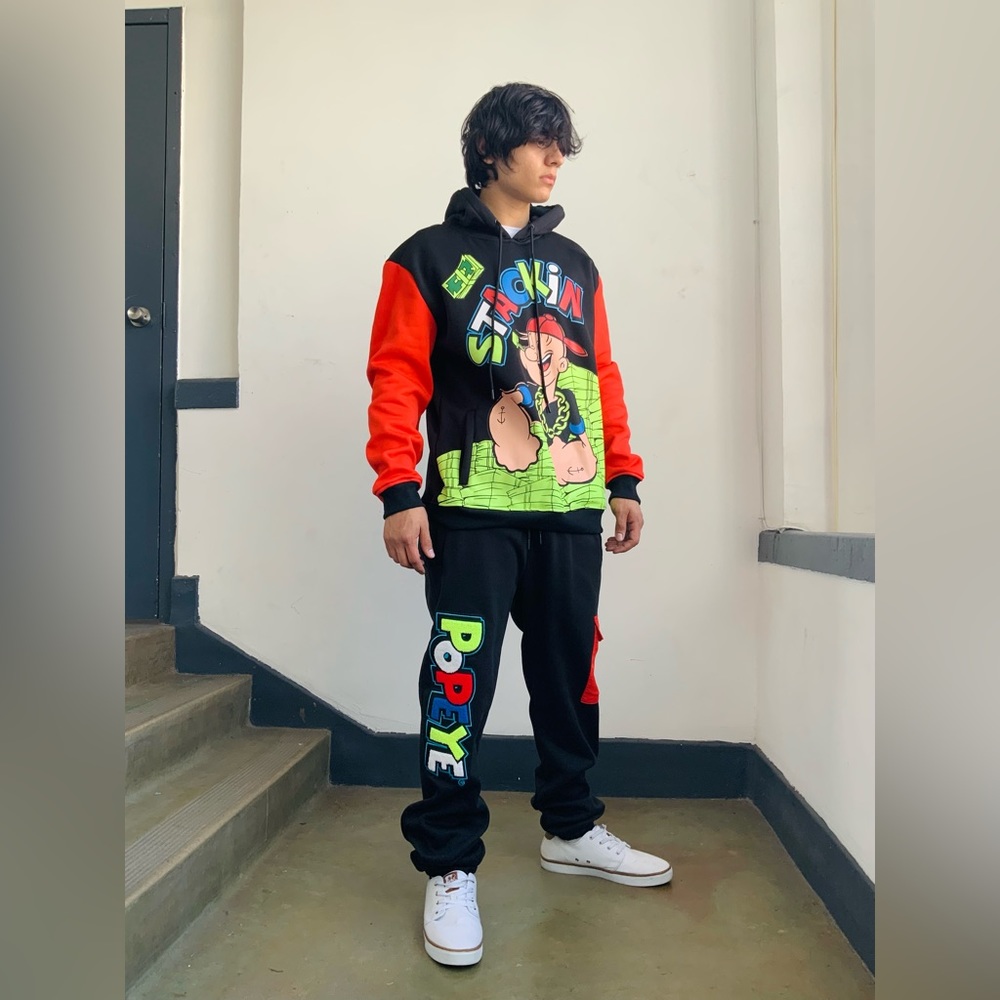 Men’s Popeye Black Red Lime Green Hooded Tracksuit